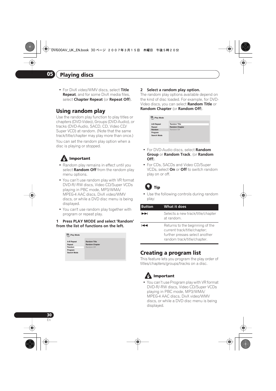 Using random play, Creating a program list, Playing discs 05 | Pioneer DV-600AV-S User Manual | Page 30 / 64