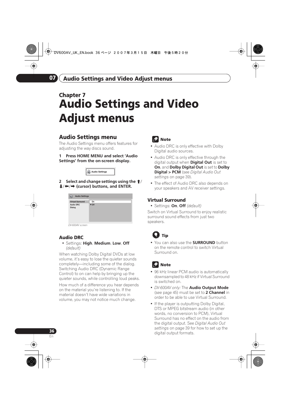 07 audio settings and video adjust menus, Audio settings menu, Audio settings and video adjust menus | Audio settings and video adjust menus 07, Chapter 7 | Pioneer DV-600AV-S User Manual | Page 36 / 64