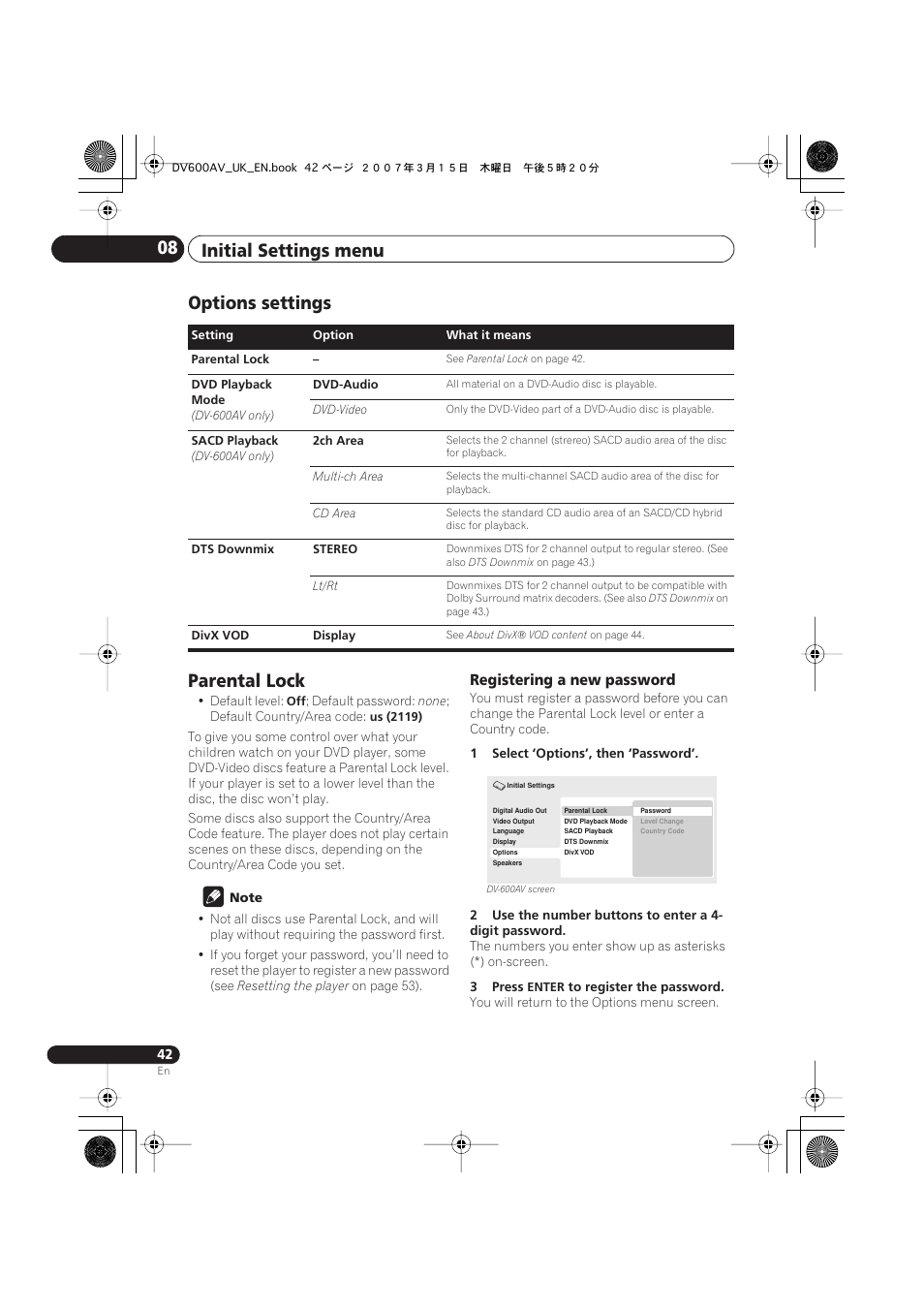 Options settings, Parental lock, Initial settings menu 08 | Options settings parental lock, Registering a new password | Pioneer DV-600AV-S User Manual | Page 42 / 64