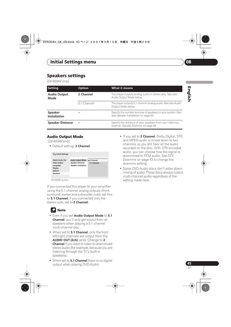 Speakers settings, Initial settings menu 08, English | Audio output mode | Pioneer DV-600AV-S User Manual | Page 45 / 64