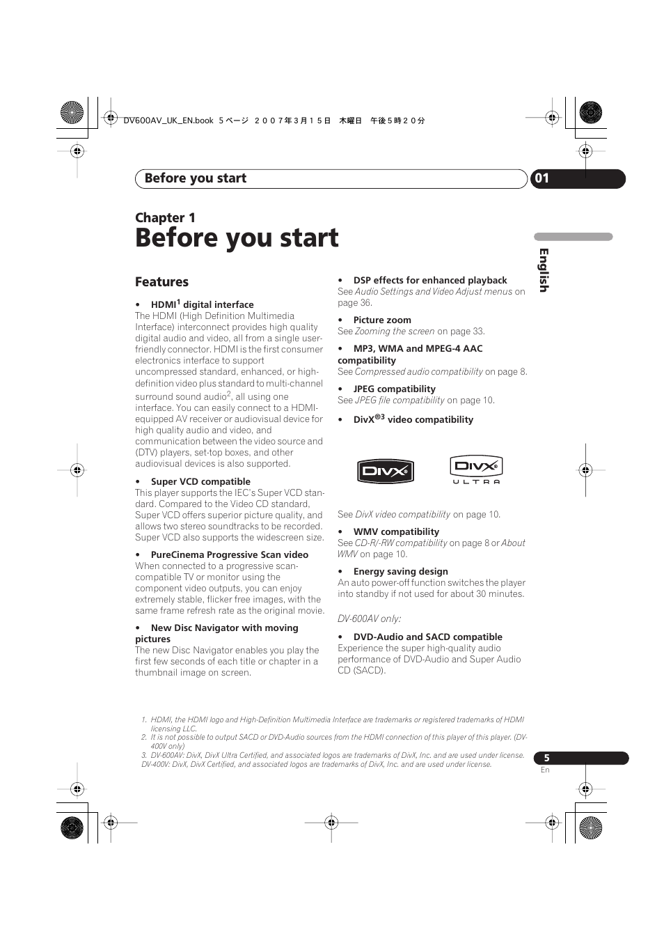 01 before you start, Features, Before you start | Before you start 01, Chapter 1 | Pioneer DV-600AV-S User Manual | Page 5 / 64