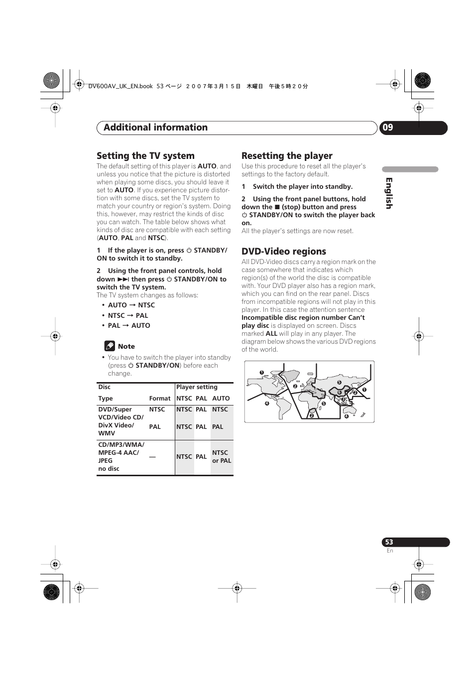 Setting the tv system, Resetting the player, Dvd-video regions | Additional information 09 | Pioneer DV-600AV-S User Manual | Page 53 / 64