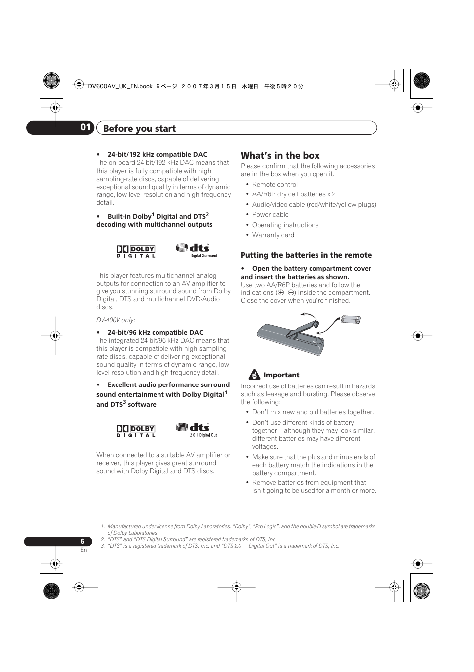 What’s in the box, Before you start 01 | Pioneer DV-600AV-S User Manual | Page 6 / 64