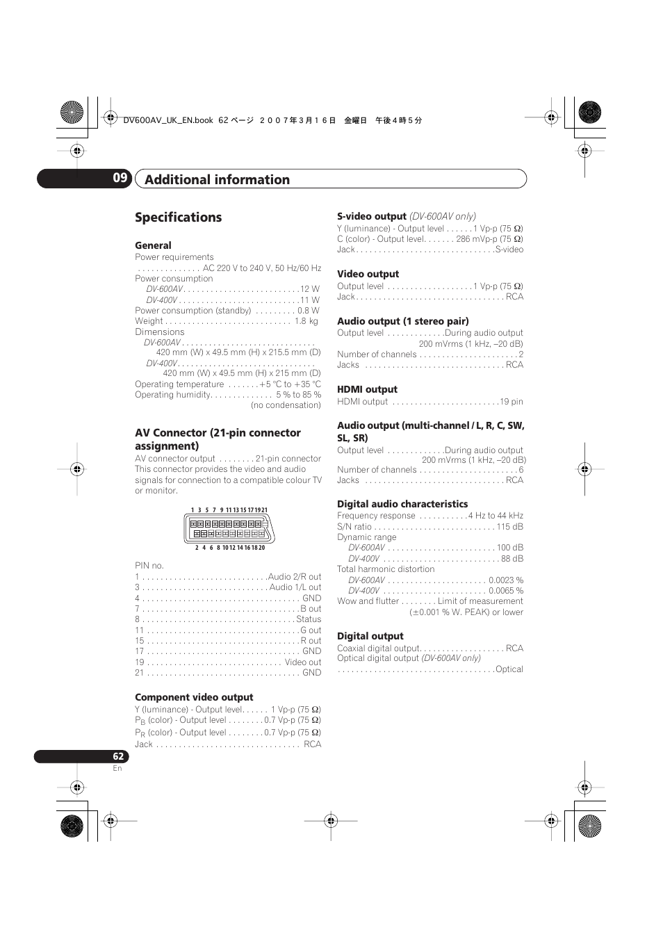 Specifications, Additional information 09, Av connector (21-pin connector assignment) | Pioneer DV-600AV-S User Manual | Page 62 / 64