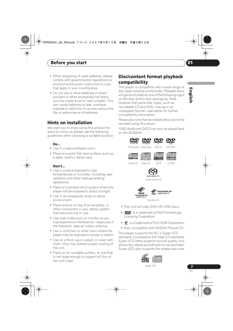 Hints on installation, Disc/content format playback compatibility, Before you start 01 | Pioneer DV-600AV-S User Manual | Page 7 / 64