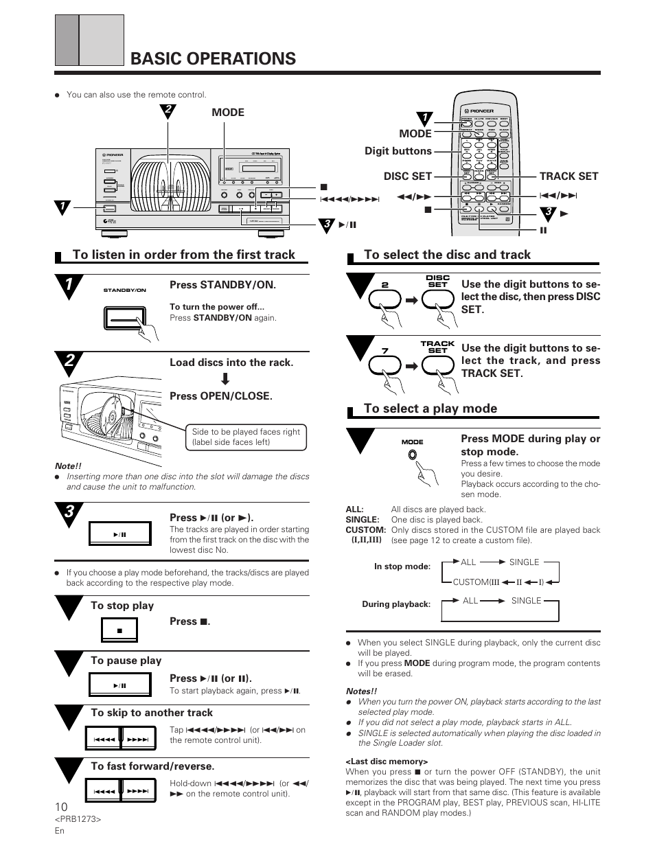 Basic operations, Press 6 (or 3 ), Press mode during play or stop mode | Load discs into the rack. press open/close, Press standby/on, 38 3 track set mode digit buttons disc set 7, Direct liner conversion, File–type compact disc player, File –tyme cd mechanism | Pioneer PD-F957 User Manual | Page 10 / 24