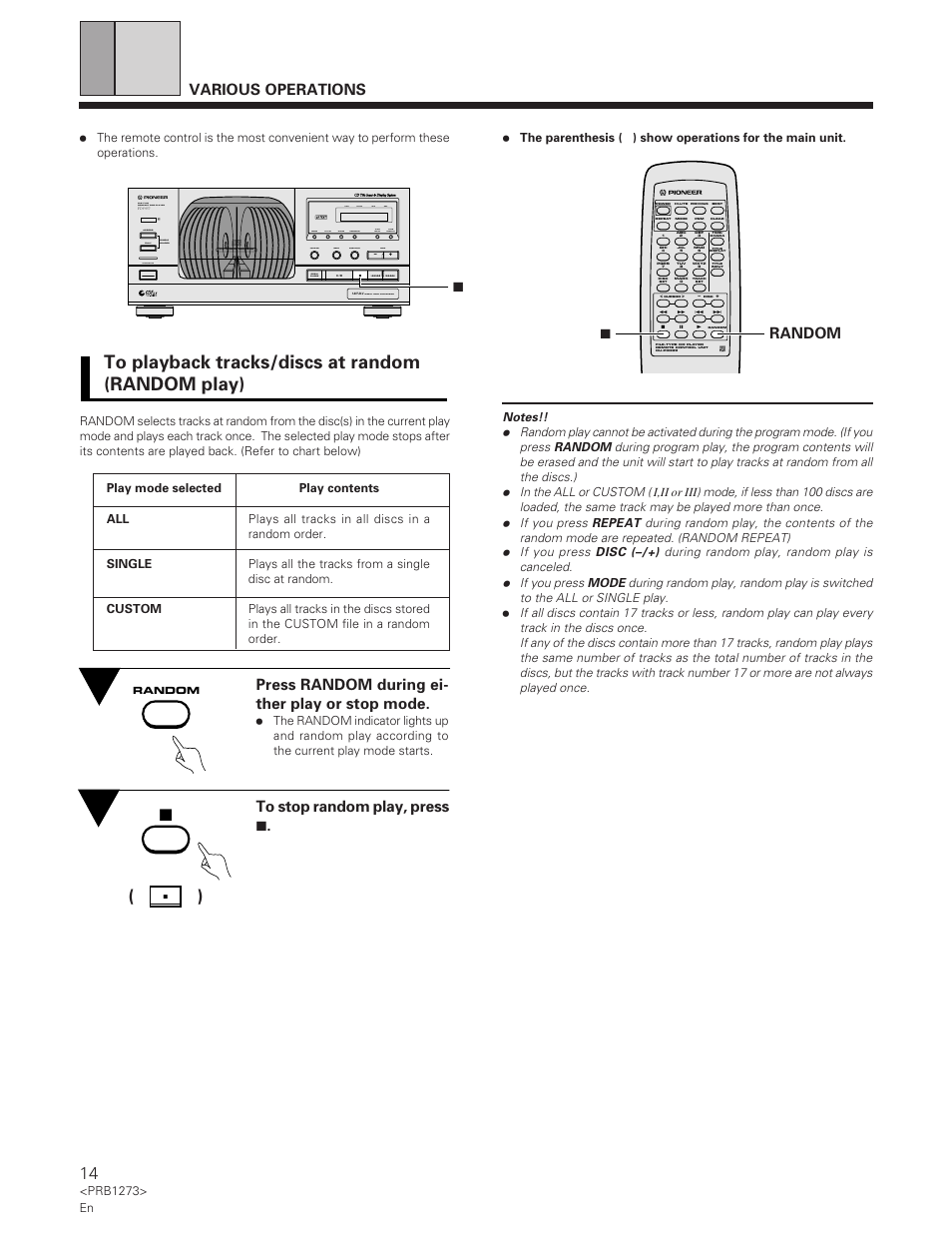 To playback tracks/discs at random, 7random, Press random during ei- ther play or stop mode | Various operations, 7to stop random play, press 7, Direct liner conversion, File–type compact disc player, File –tyme cd mechanism, Prb1273> en | Pioneer PD-F957 User Manual | Page 14 / 24