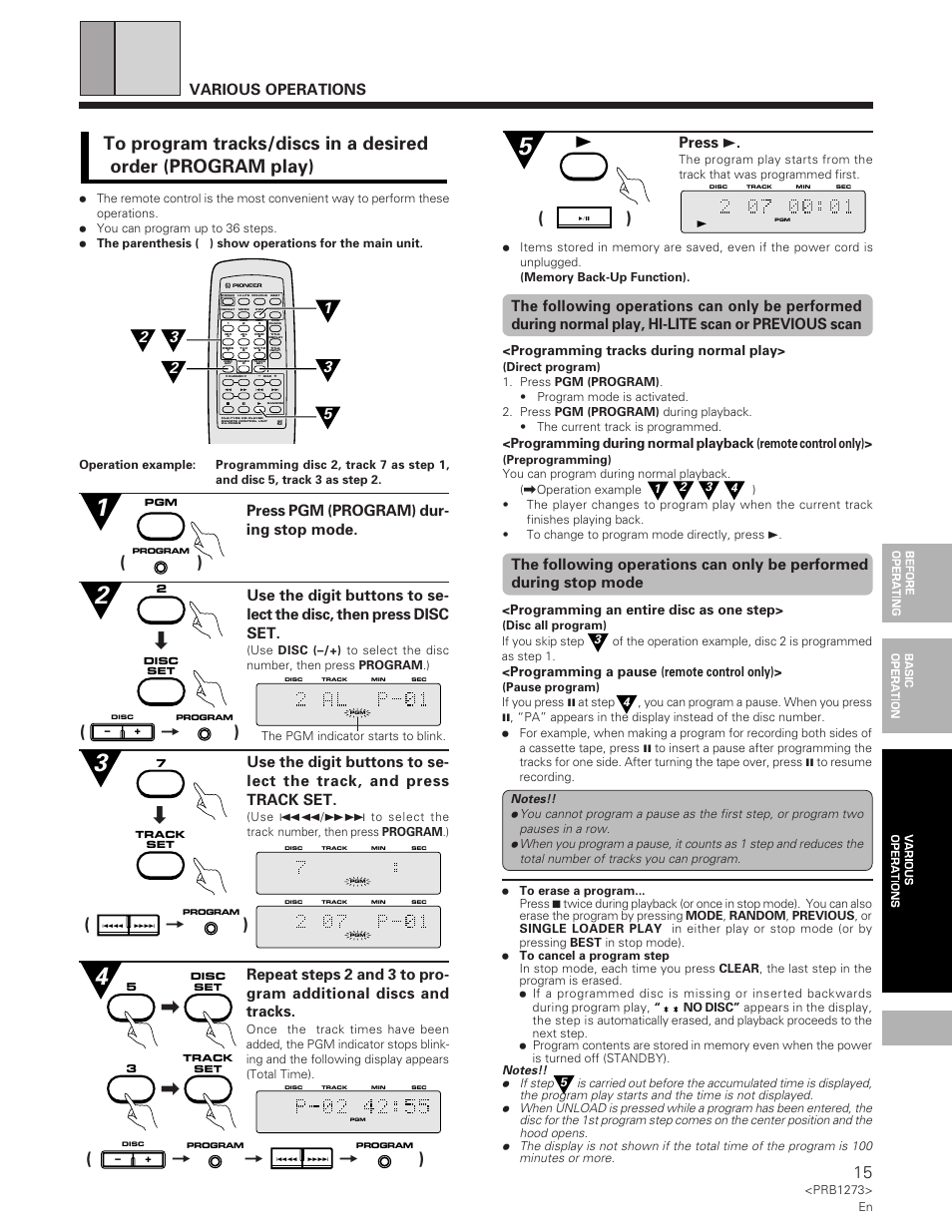 To program tracks/discs in a desired order, Various operations, Press 3 | Programming tracks during normal play, Programming an entire disc as one step, Programming a pause (remote control only) | Pioneer PD-F957 User Manual | Page 15 / 24