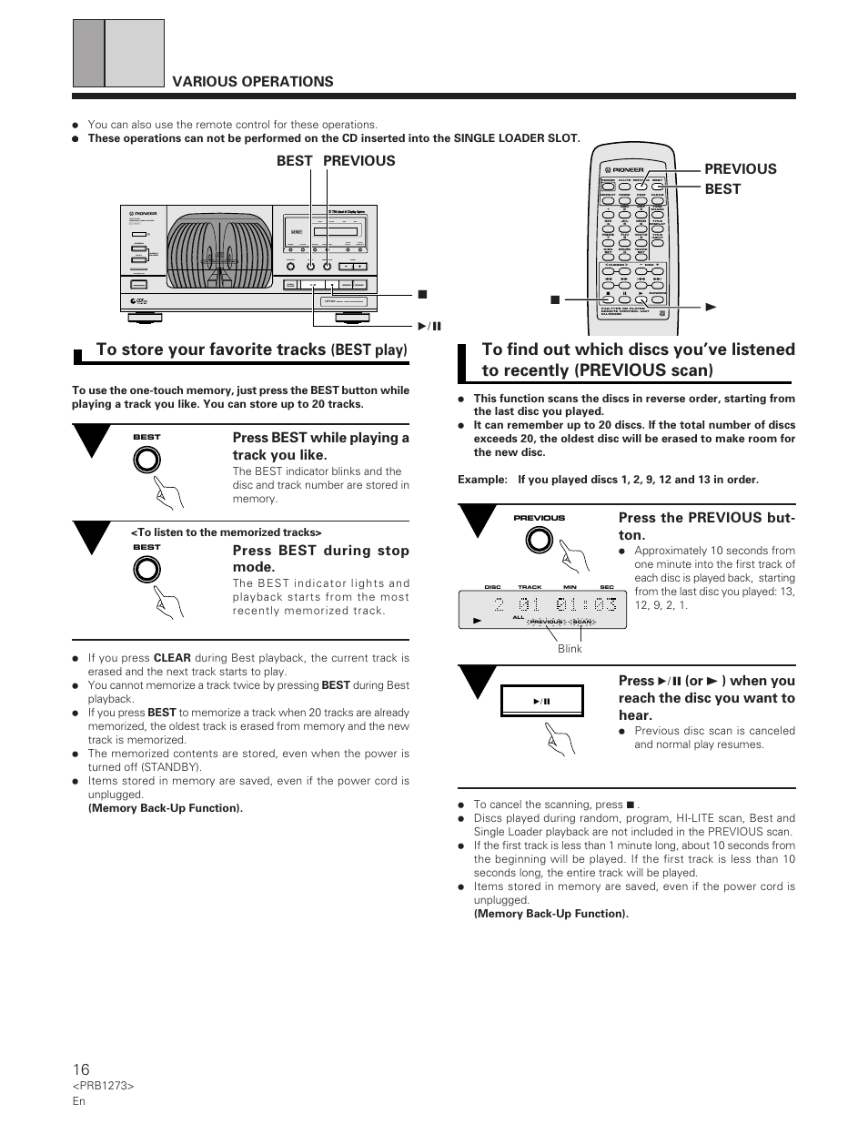 Best play), Various operations, Press best while playing a track you like | Press best during stop mode, Press the previous but- ton, 76 best previous 3 previous best 7, Direct liner conversion, File–type compact disc player, File –tyme cd mechanism, Prb1273> en | Pioneer PD-F957 User Manual | Page 16 / 24