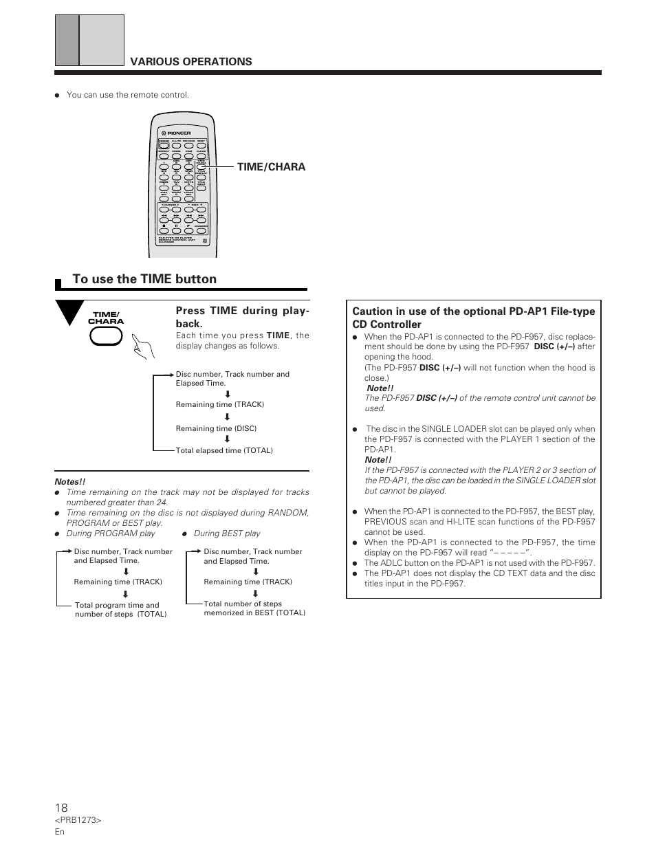 To use the time button, Various operations, Press time during play- back | Time/chara, Prb1273> en | Pioneer PD-F957 User Manual | Page 18 / 24