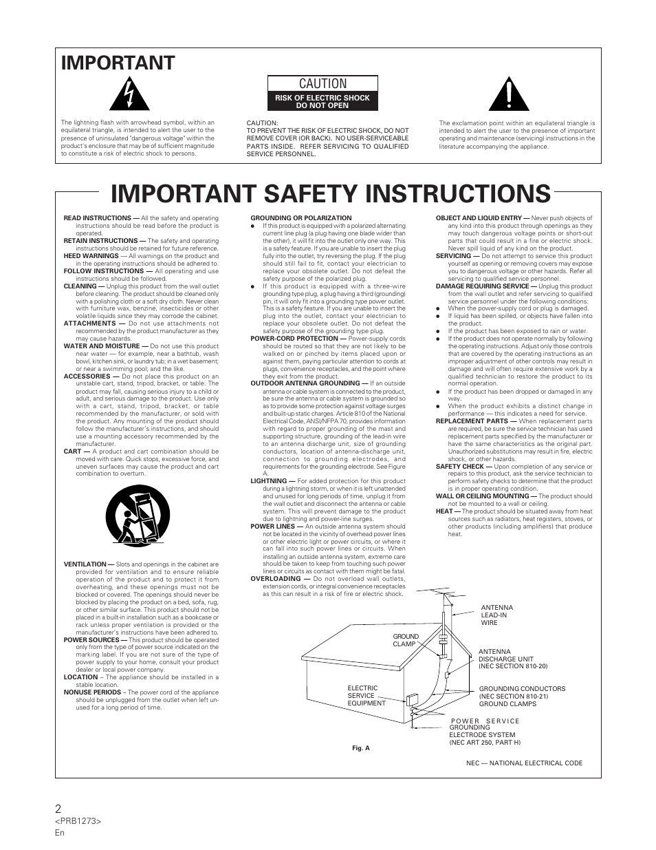 Important safety instructions, Important, Caution | Pioneer PD-F957 User Manual | Page 2 / 24
