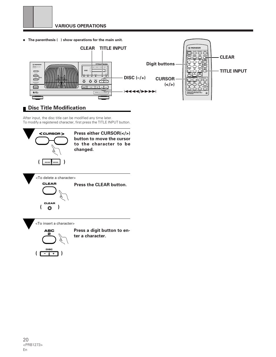Disc title modification, Various operations, Press the clear button | Press a digit button to en- ter a character, Title input, Direct liner conversion, File–type compact disc player, File –tyme cd mechanism, Prb1273> en | Pioneer PD-F957 User Manual | Page 20 / 24