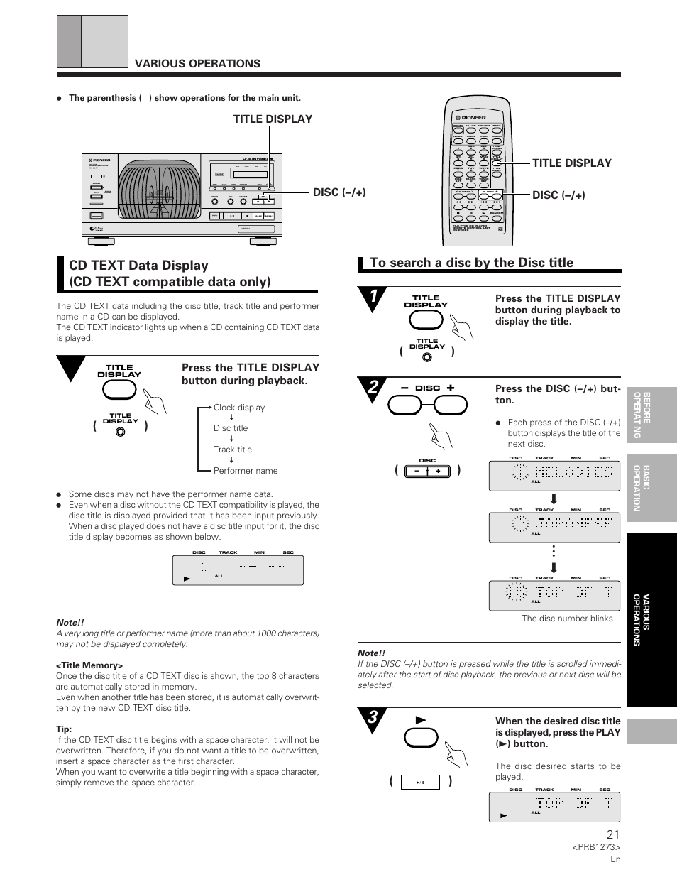 Title display disc (–/+), Disc (–/+), Direct liner conversion | File–type compact disc player, File –tyme cd mechanism, Press the disc (–/+) but- ton | Pioneer PD-F957 User Manual | Page 21 / 24