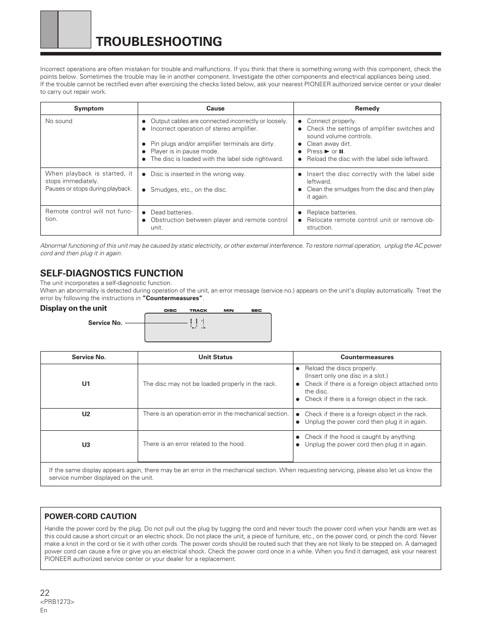Troubleshooting, Self-diagnostics function | Pioneer PD-F957 User Manual | Page 22 / 24