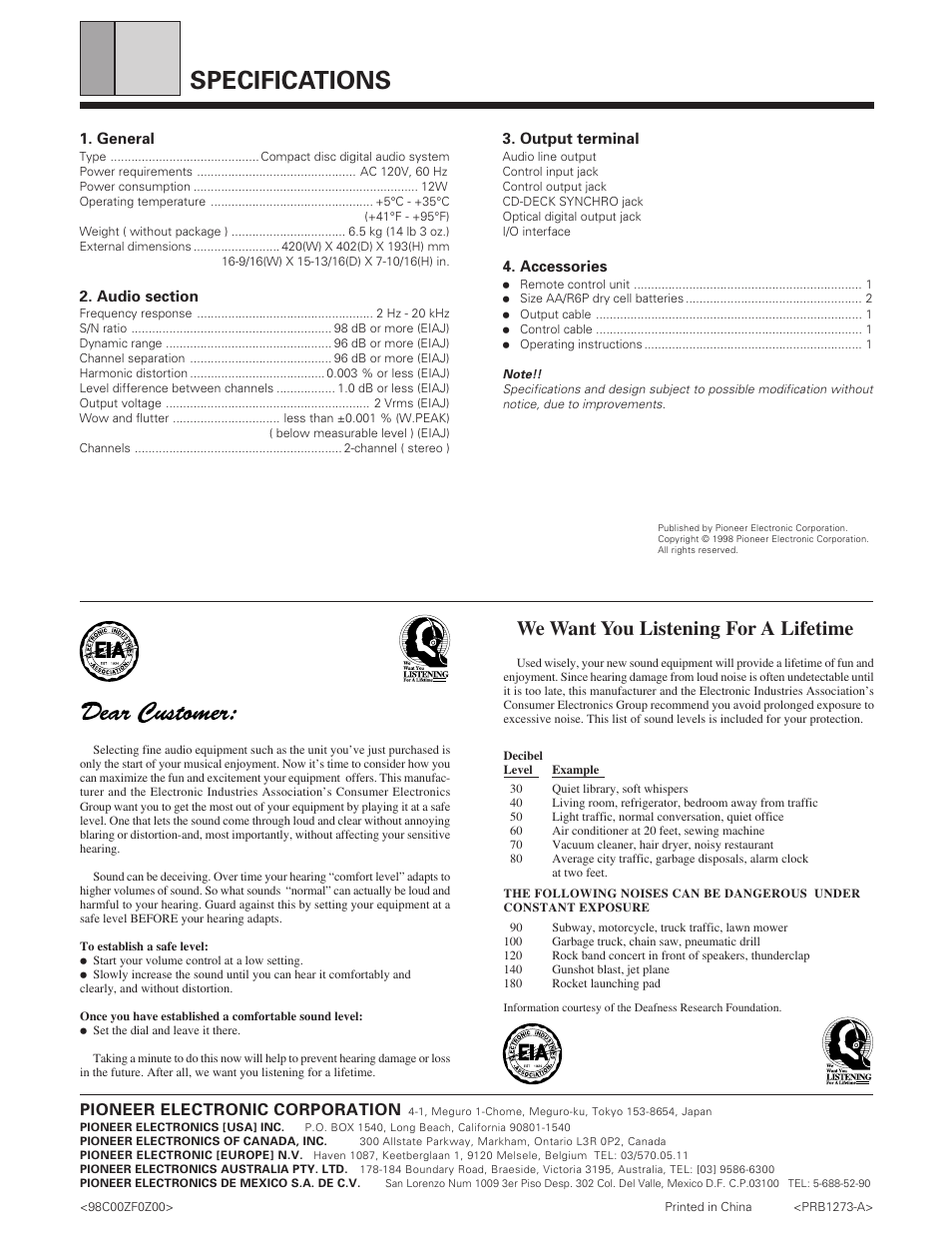 Specifications, We want you listening for a lifetime, Pioneer electronic corporation | Pioneer PD-F957 User Manual | Page 24 / 24
