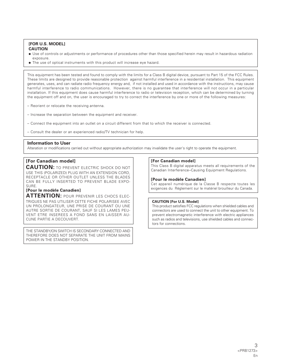 Caution, Attention | Pioneer PD-F957 User Manual | Page 3 / 24