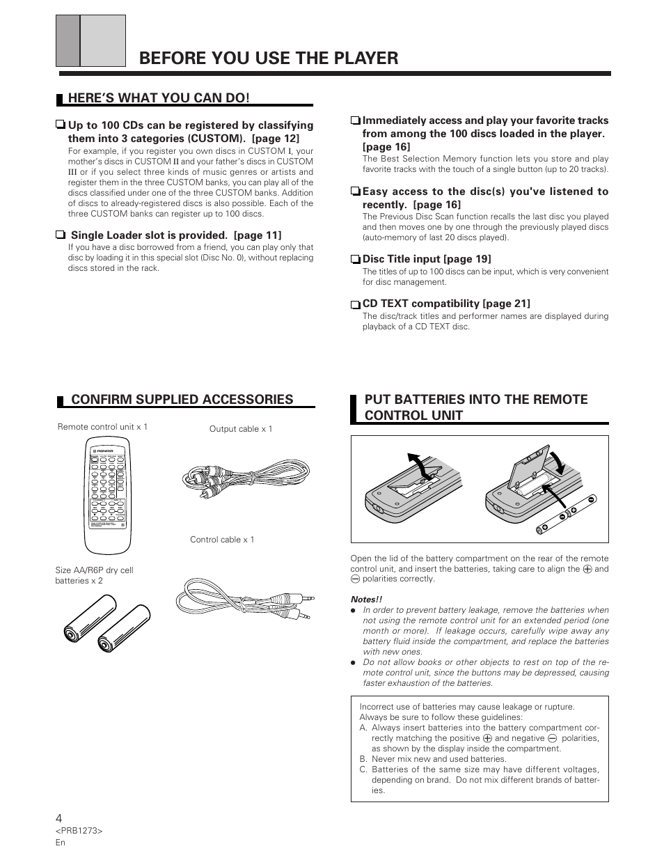 Before you use the player, Here’s what you can do, Single loader slot is provided. [page 11 | Disc title input [page 19, Cd text compatibility [page 21, Random disc disc set track set, File-type cd player remote control unit cu-p0089, Title display title input cursor | Pioneer PD-F957 User Manual | Page 4 / 24