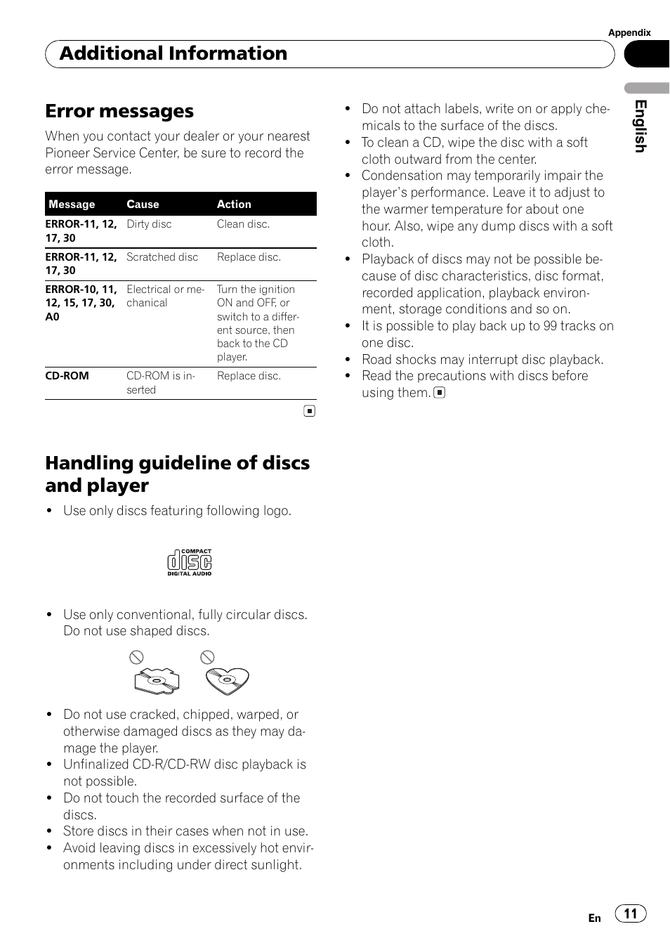 Error messages, Handling guideline of discs and player, Additional information | Pioneer FM/AM DEH-1800 User Manual | Page 11 / 37