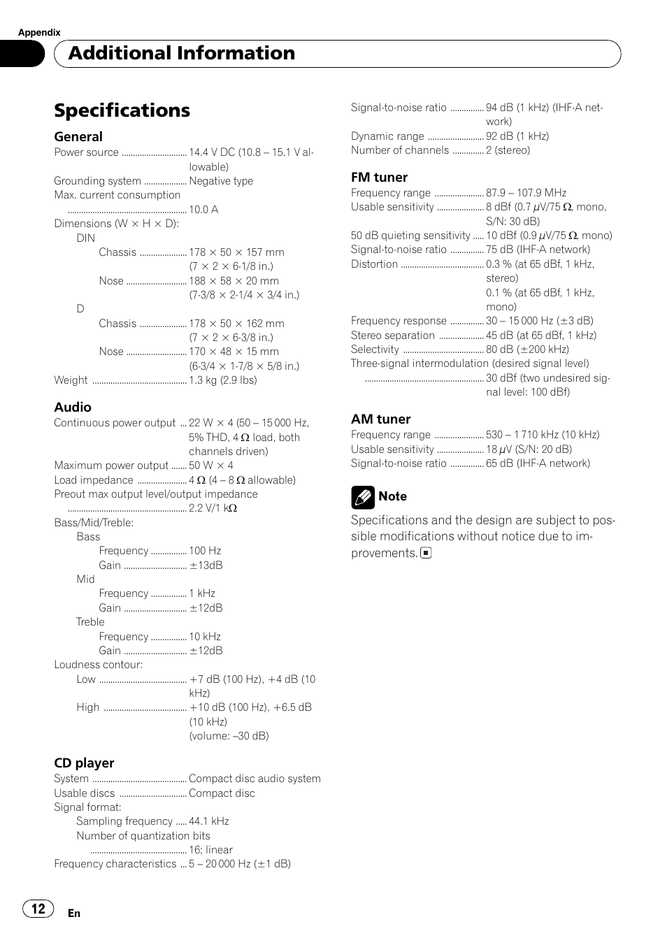Specifications 12, Specifications, Additional information | Pioneer FM/AM DEH-1800 User Manual | Page 12 / 37