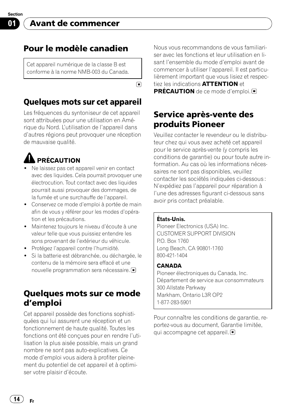 Pour le modèle canadien, Quelques mots sur cet appareil, Quelques mots sur ce mode demploi | Service après-vente des produits pioneer, Avant de commencer | Pioneer FM/AM DEH-1800 User Manual | Page 14 / 37
