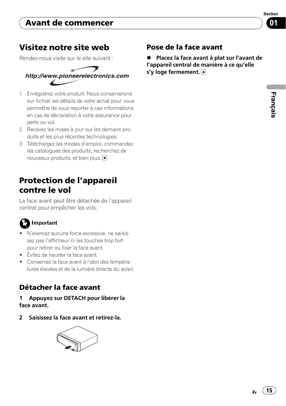 Détacher la face avant 15, Pose de la face avant 15, Visitez notre site web | Protection de lappareil contre le vol, Avant de commencer | Pioneer FM/AM DEH-1800 User Manual | Page 15 / 37