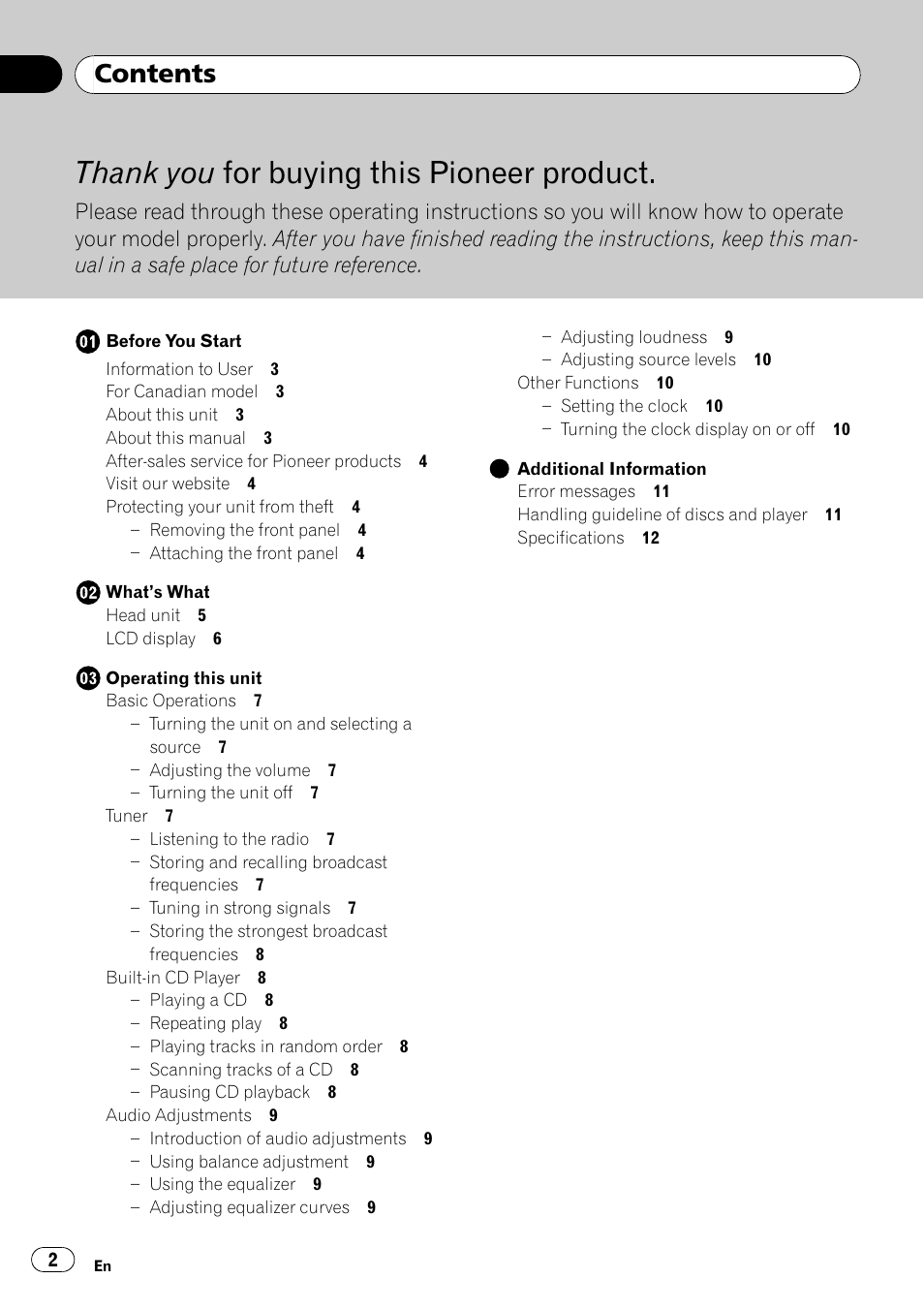 Pioneer FM/AM DEH-1800 User Manual | Page 2 / 37