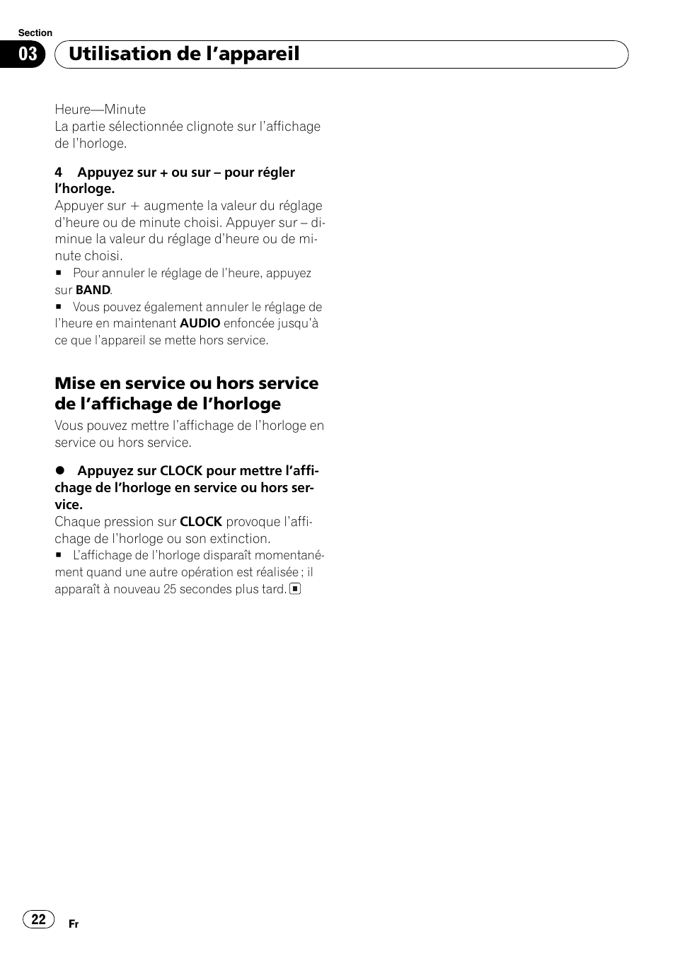 Mise en service ou hors service de, Laffichage de lhorloge 22, Utilisation de lappareil | Pioneer FM/AM DEH-1800 User Manual | Page 22 / 37