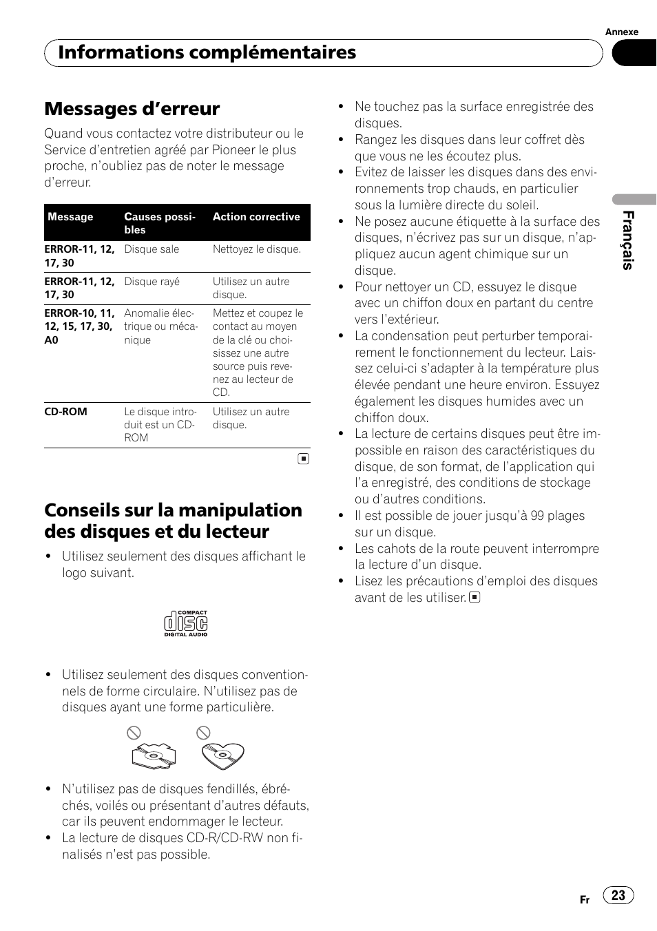 Du lecteur 23, Messages derreur, Informations complémentaires | Pioneer FM/AM DEH-1800 User Manual | Page 23 / 37