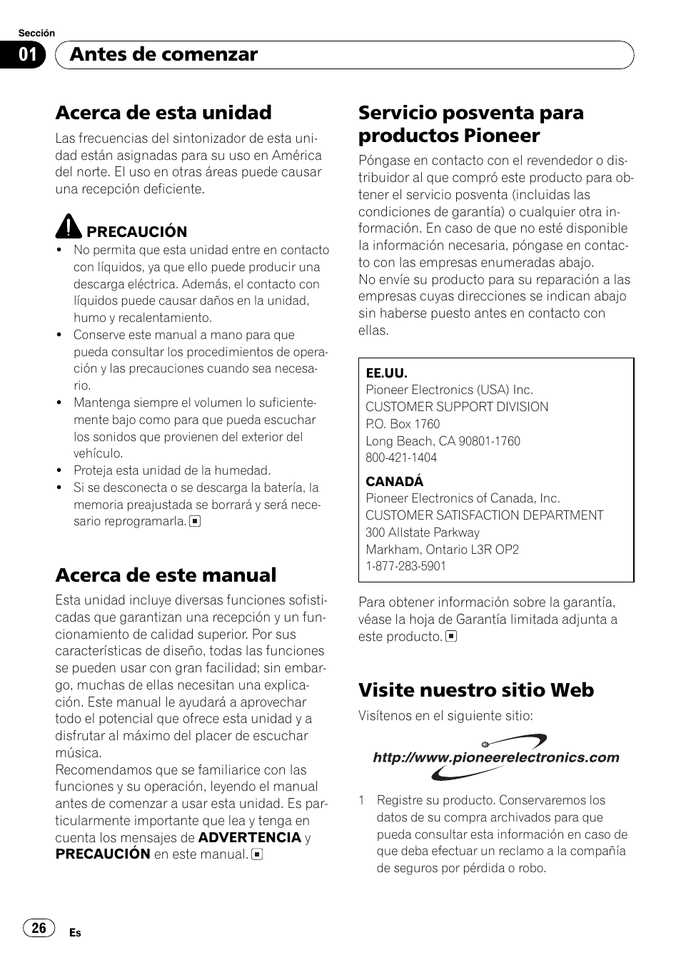 Pioneer 26, Visite nuestro sitio web 26, Acerca de esta unidad | Acerca de este manual, Servicio posventa para productos pioneer, Visite nuestro sitio web, Antes de comenzar | Pioneer FM/AM DEH-1800 User Manual | Page 26 / 37