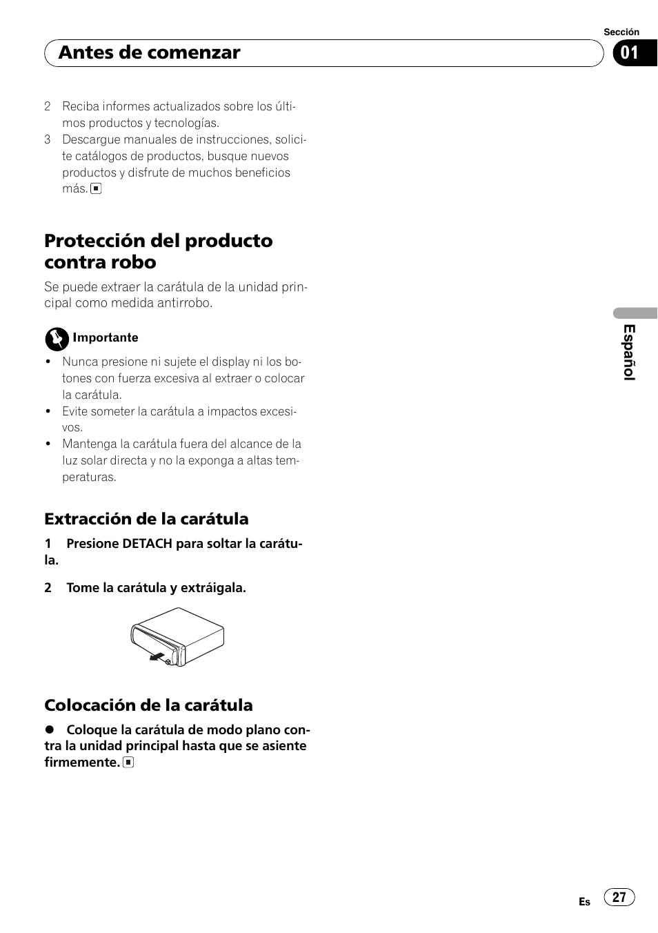 Protección del producto contra robo 27, Extracción de la carátula 27, Colocación de la carátula 27 | Protección del producto contra robo, Antes de comenzar | Pioneer FM/AM DEH-1800 User Manual | Page 27 / 37