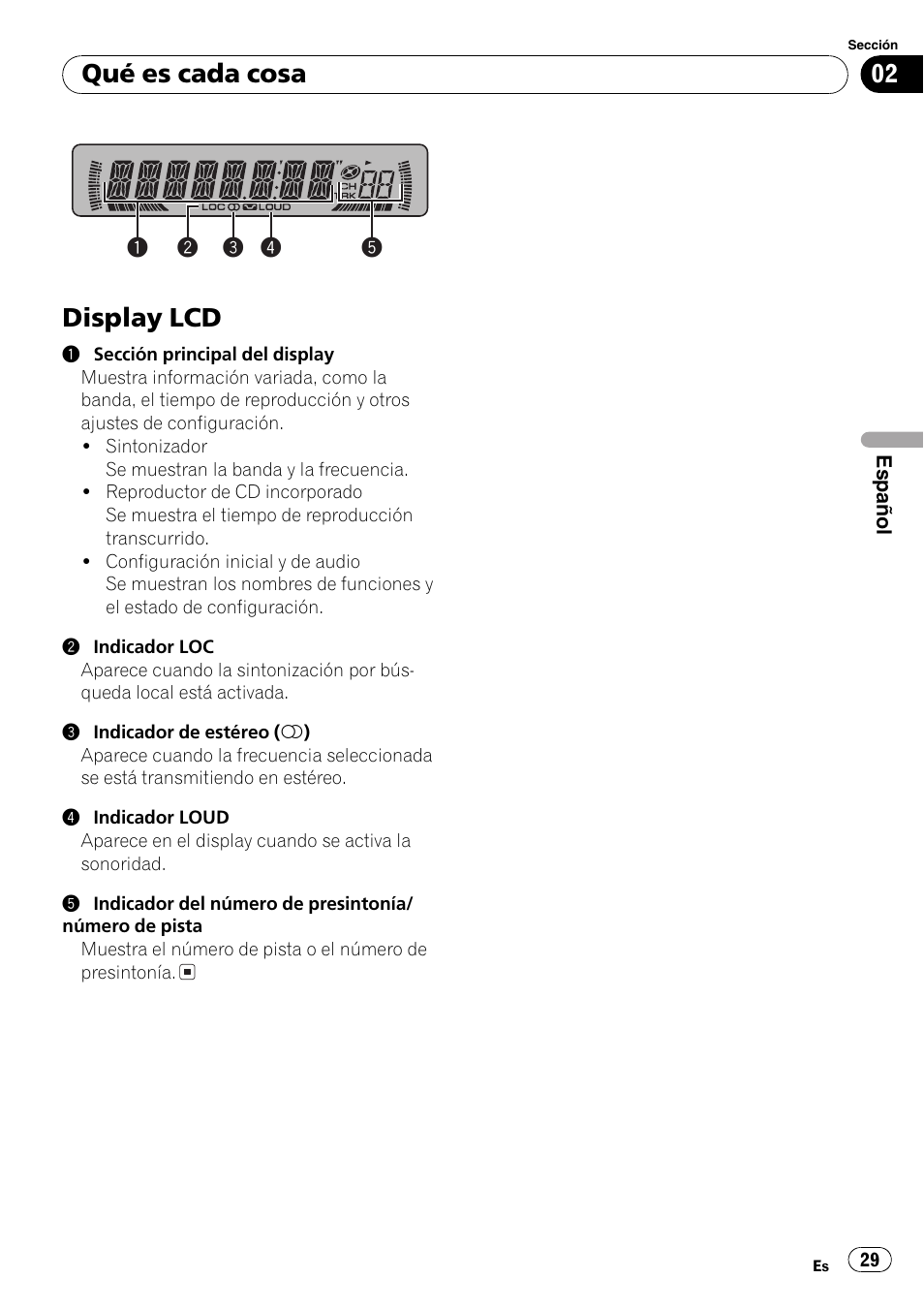 Display lcd 29, Displaylcd, Qué es cada cosa | Pioneer FM/AM DEH-1800 User Manual | Page 29 / 37