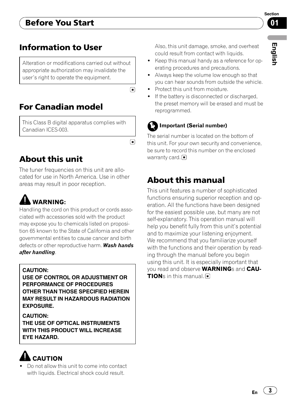 Information to user, For canadian model, About this unit | About this manual, Before you start | Pioneer FM/AM DEH-1800 User Manual | Page 3 / 37