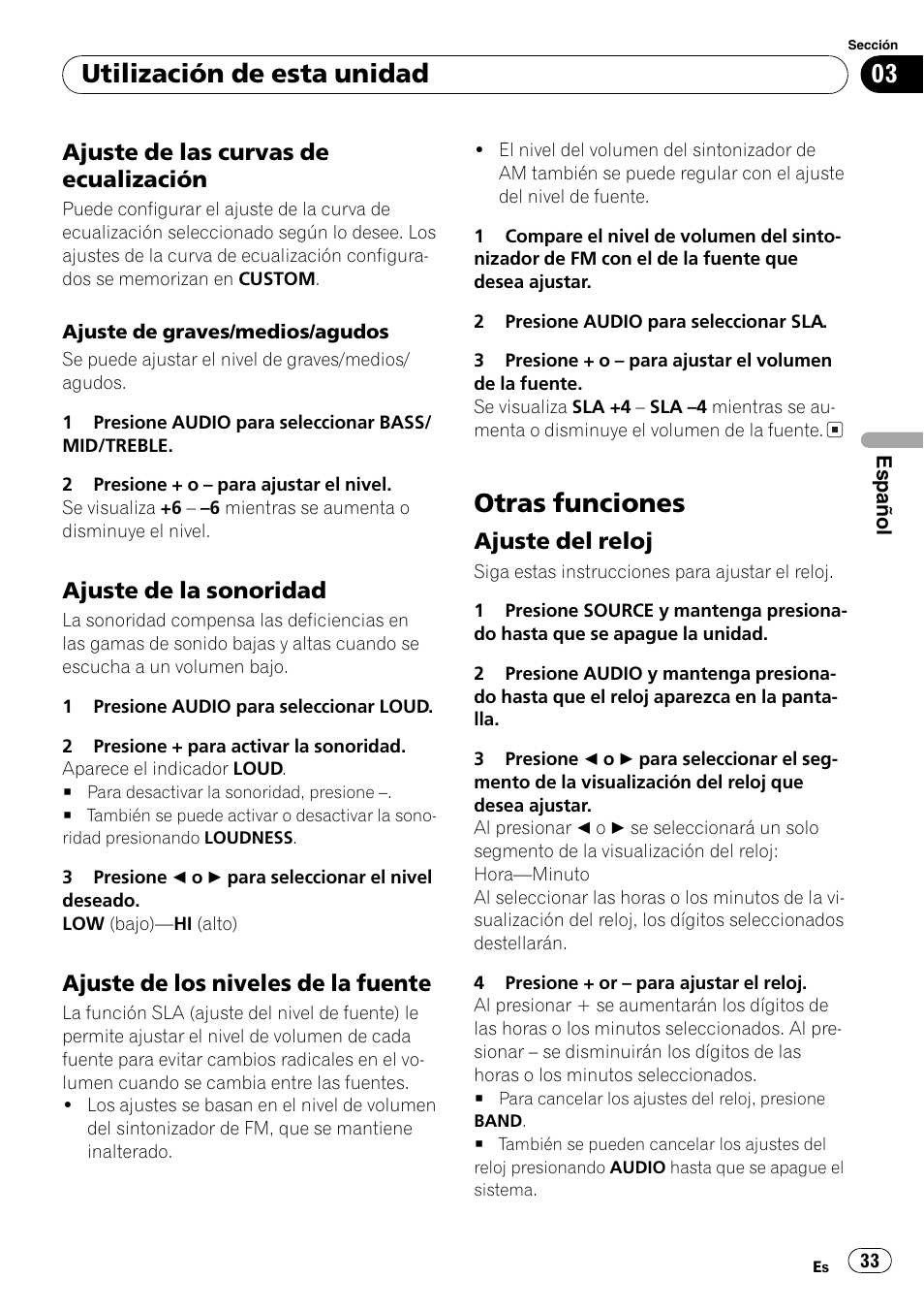 Ajuste de las curvas de, Ecualización 33, Ajuste de la sonoridad 33 | Ajuste de los niveles de la fuente 33, Otras funciones 33, Ajuste del reloj 33, Otras funciones, Utilización de esta unidad, Ajuste de las curvas de ecualización, Ajuste de la sonoridad | Pioneer FM/AM DEH-1800 User Manual | Page 33 / 37