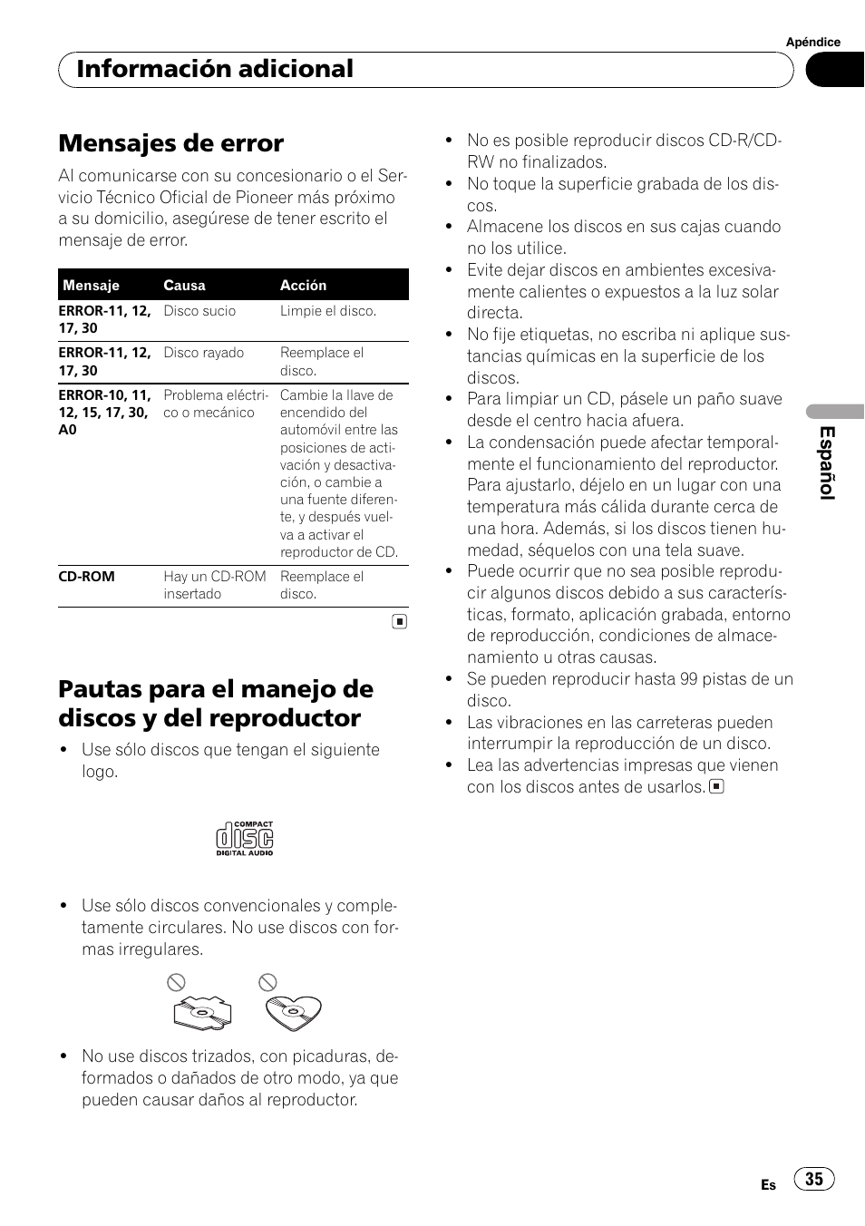 Reproductor 35, Mensajes de error, Pautas para el manejo de discos ydel reproductor | Información adicional | Pioneer FM/AM DEH-1800 User Manual | Page 35 / 37