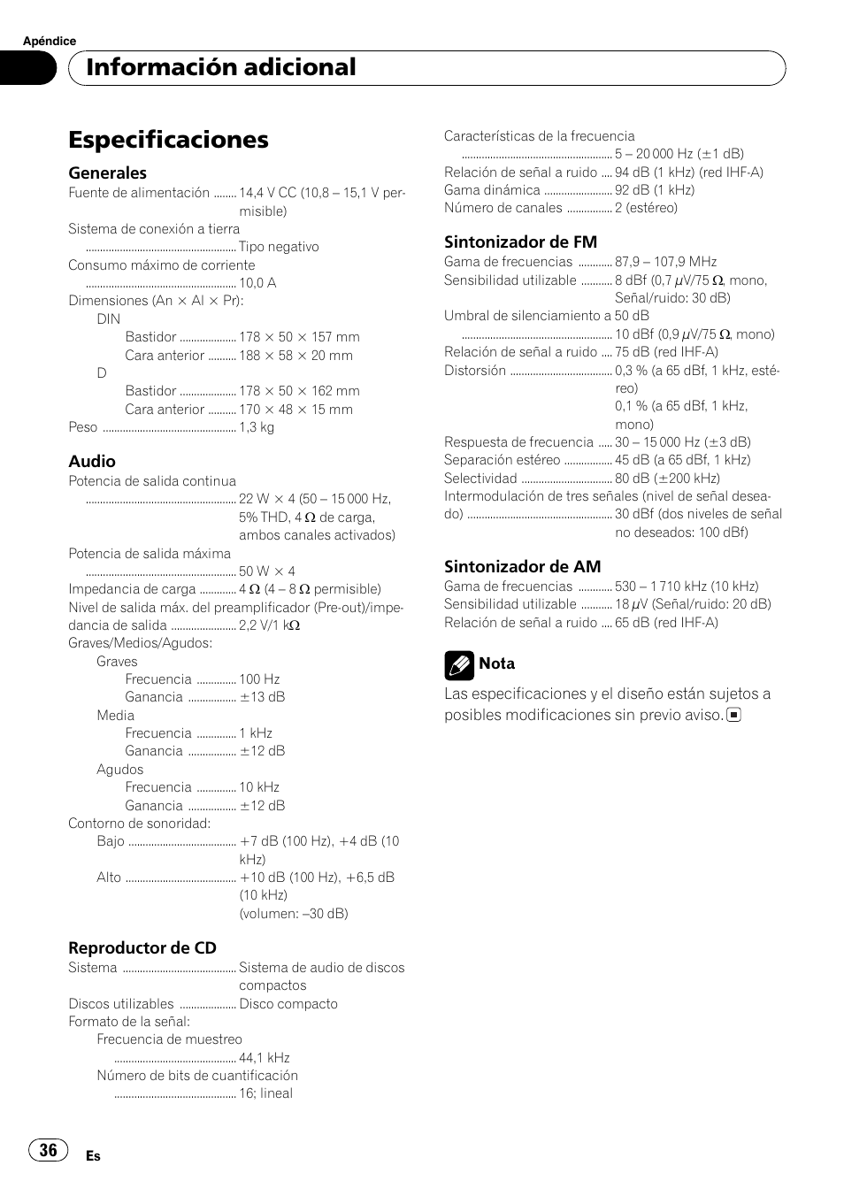 Especificaciones 36, Especificaciones, Información adicional | Pioneer FM/AM DEH-1800 User Manual | Page 36 / 37