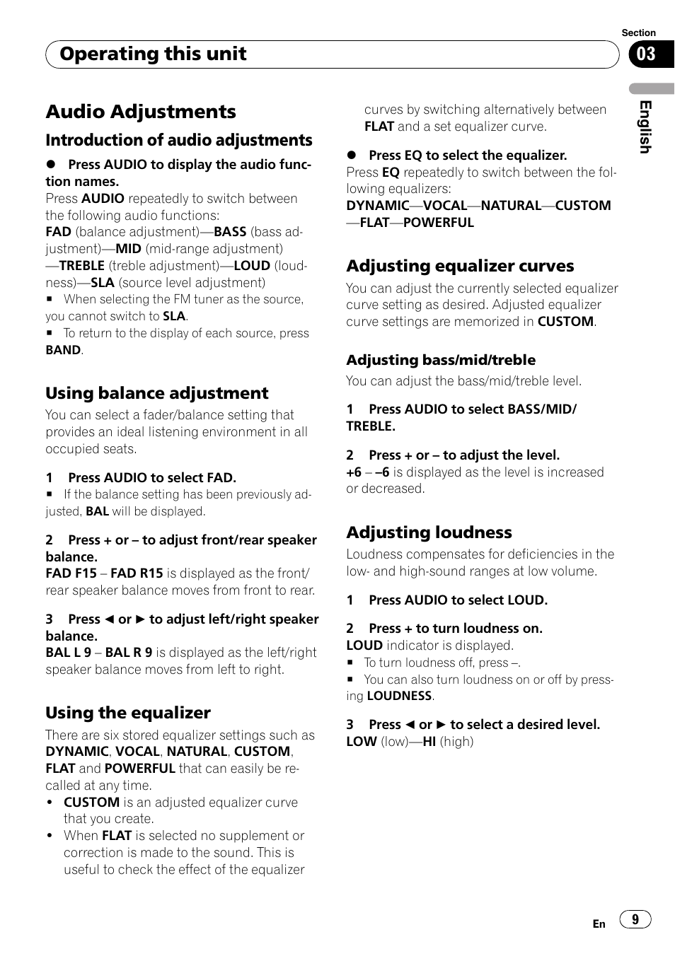 Audio adjustments 9, Introduction of audio adjustments 9, Using balance adjustment 9 | Using the equalizer 9, Adjusting equalizer curves 9, Adjusting loudness 9, Audio adjustments, Operating this unit, Introduction of audio adjustments, Using balance adjustment | Pioneer FM/AM DEH-1800 User Manual | Page 9 / 37