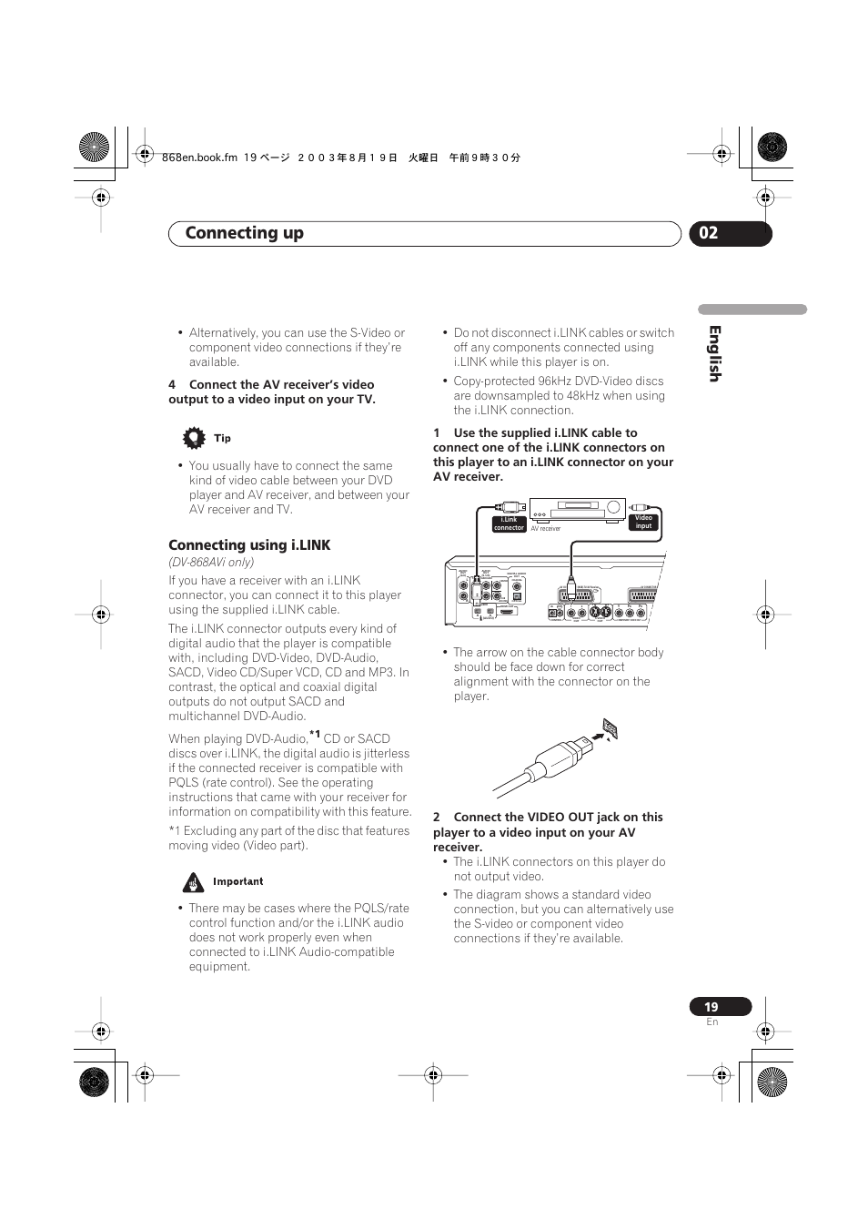 Connecting using i.link, Connecting up 02, English | Dv-868avi only) | Pioneer DV-868AVi User Manual | Page 19 / 98