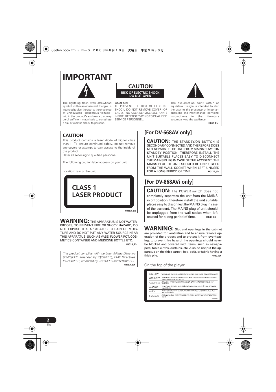 Important, Class 1 laser product, Caution | Warning | Pioneer DV-868AVi User Manual | Page 2 / 98