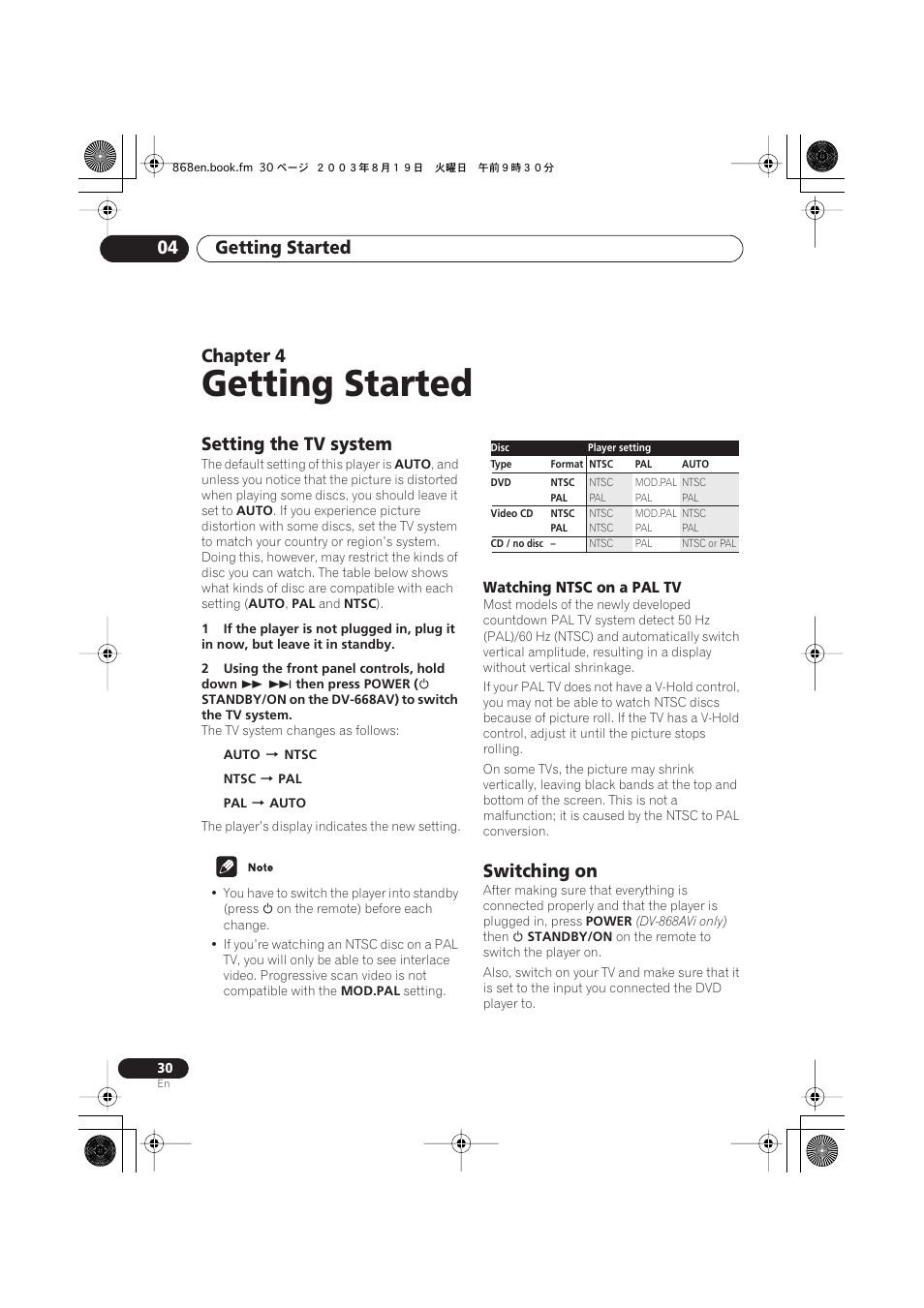 04 getting started, Setting the tv system, Watching ntsc on a pal tv | Switching on, Getting started, Getting started 04, Chapter 4 | Pioneer DV-868AVi User Manual | Page 30 / 98