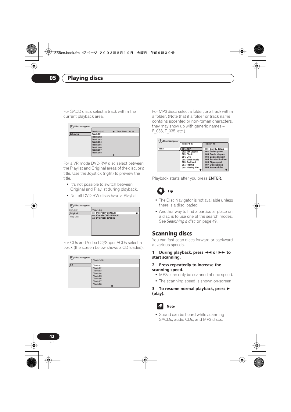 Scanning discs, Playing discs 05 | Pioneer DV-868AVi User Manual | Page 42 / 98