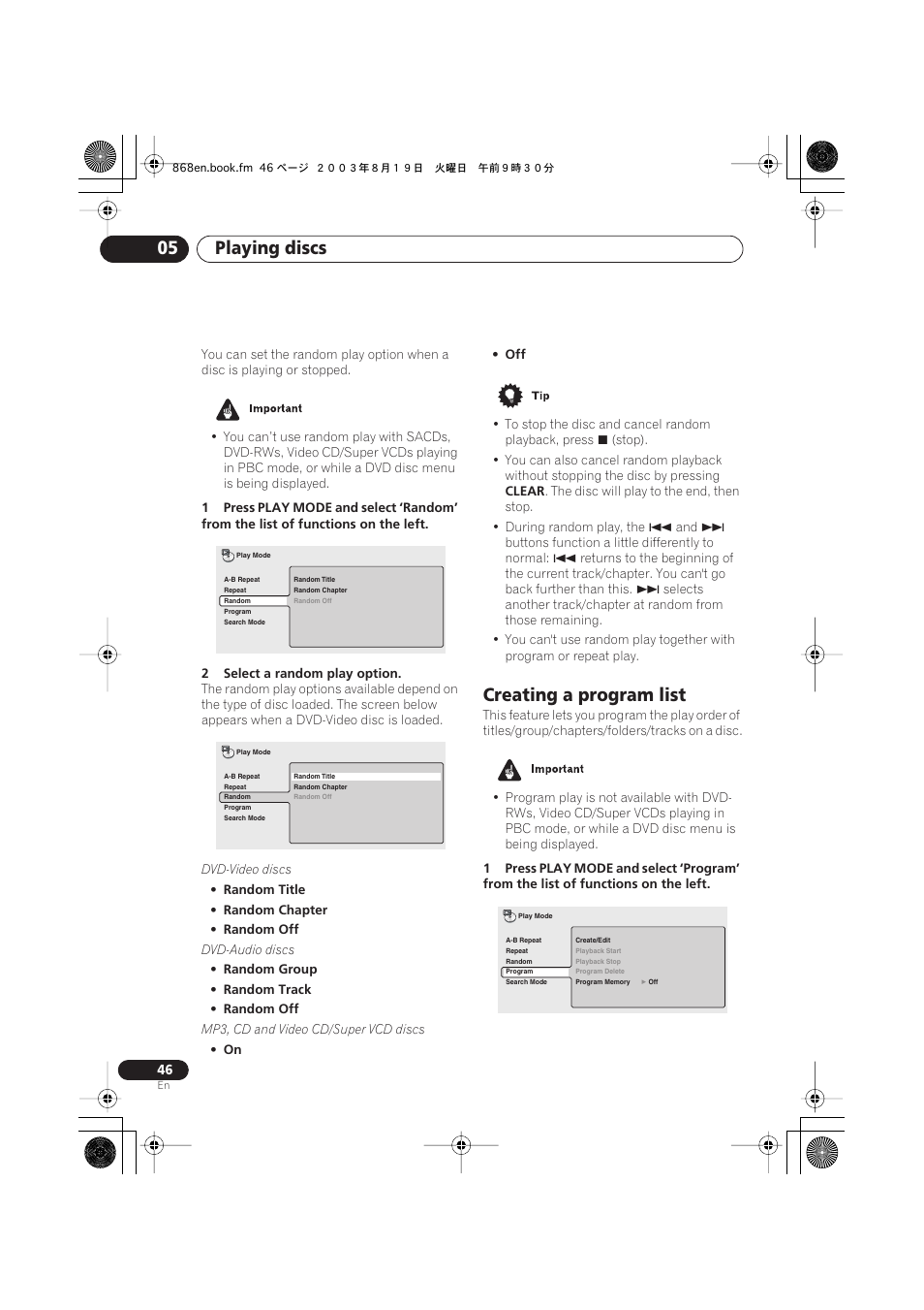 Creating a program list, Playing discs 05 | Pioneer DV-868AVi User Manual | Page 46 / 98