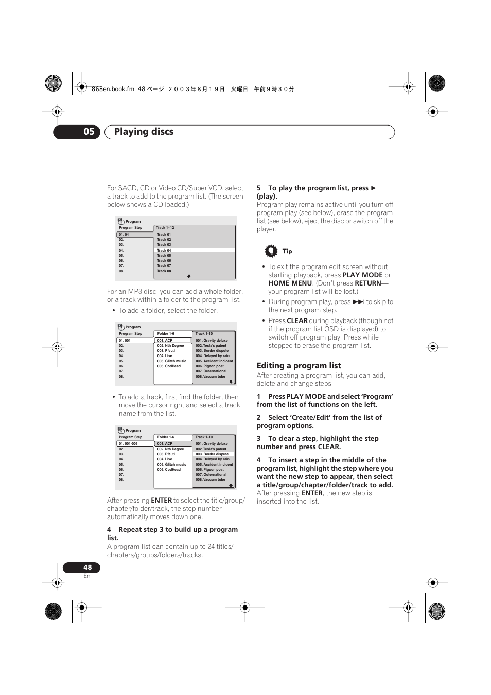 Editing a program list, Playing discs 05 | Pioneer DV-868AVi User Manual | Page 48 / 98