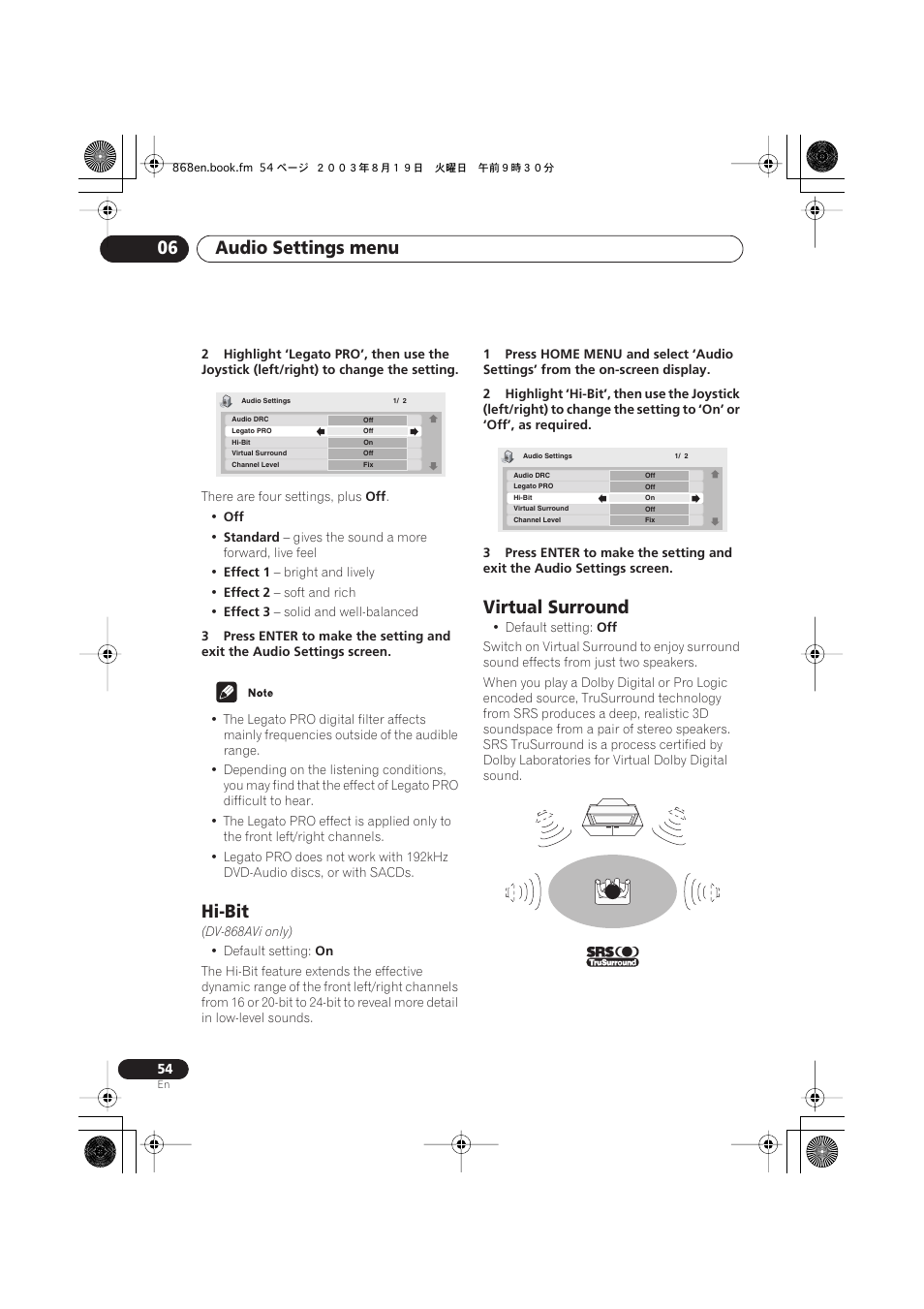 Hi-bit, Virtual surround, Audio settings menu 06 | Pioneer DV-868AVi User Manual | Page 54 / 98