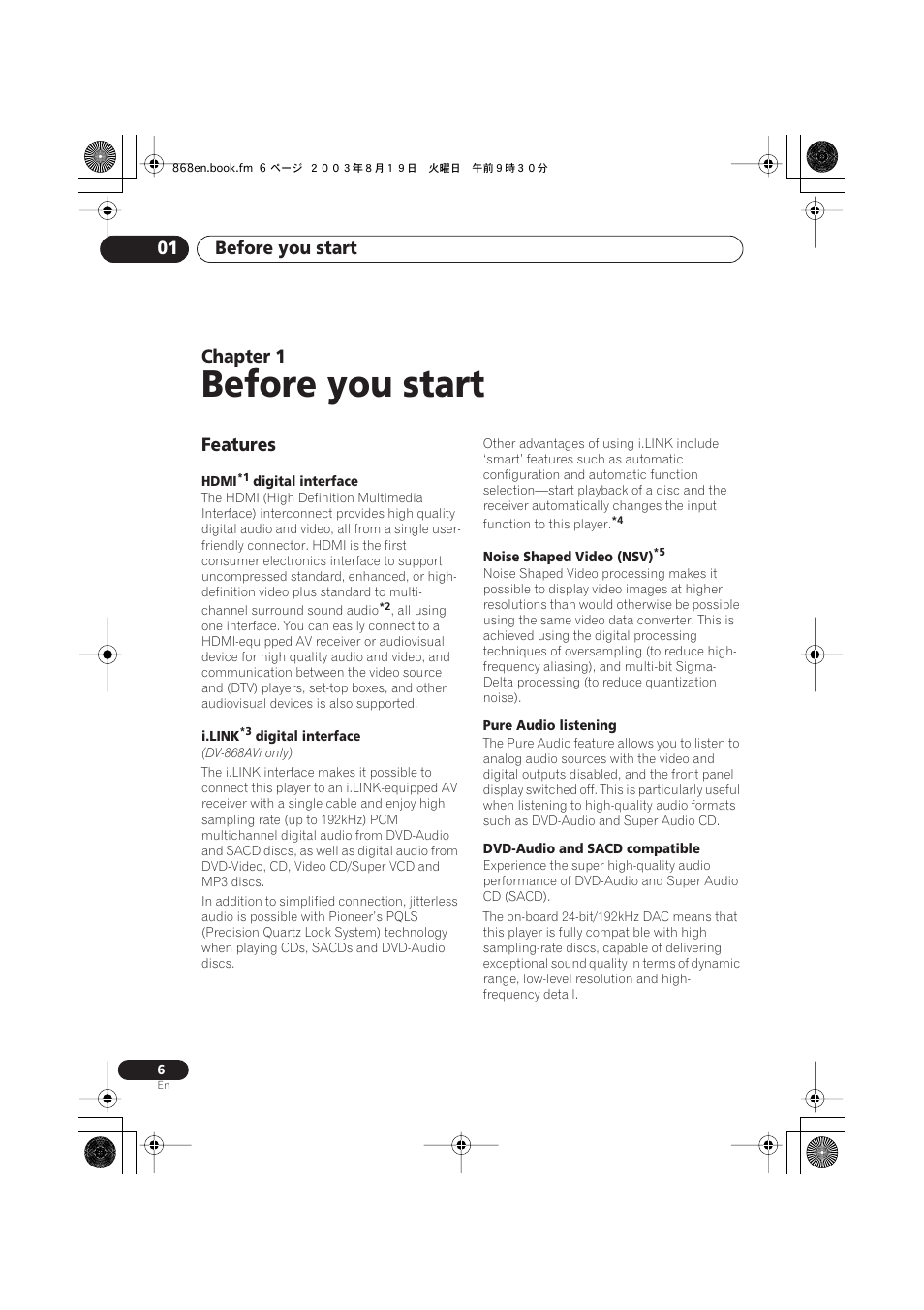 01 before you start, Features, Before you start | Before you start 01, Chapter 1 | Pioneer DV-868AVi User Manual | Page 6 / 98