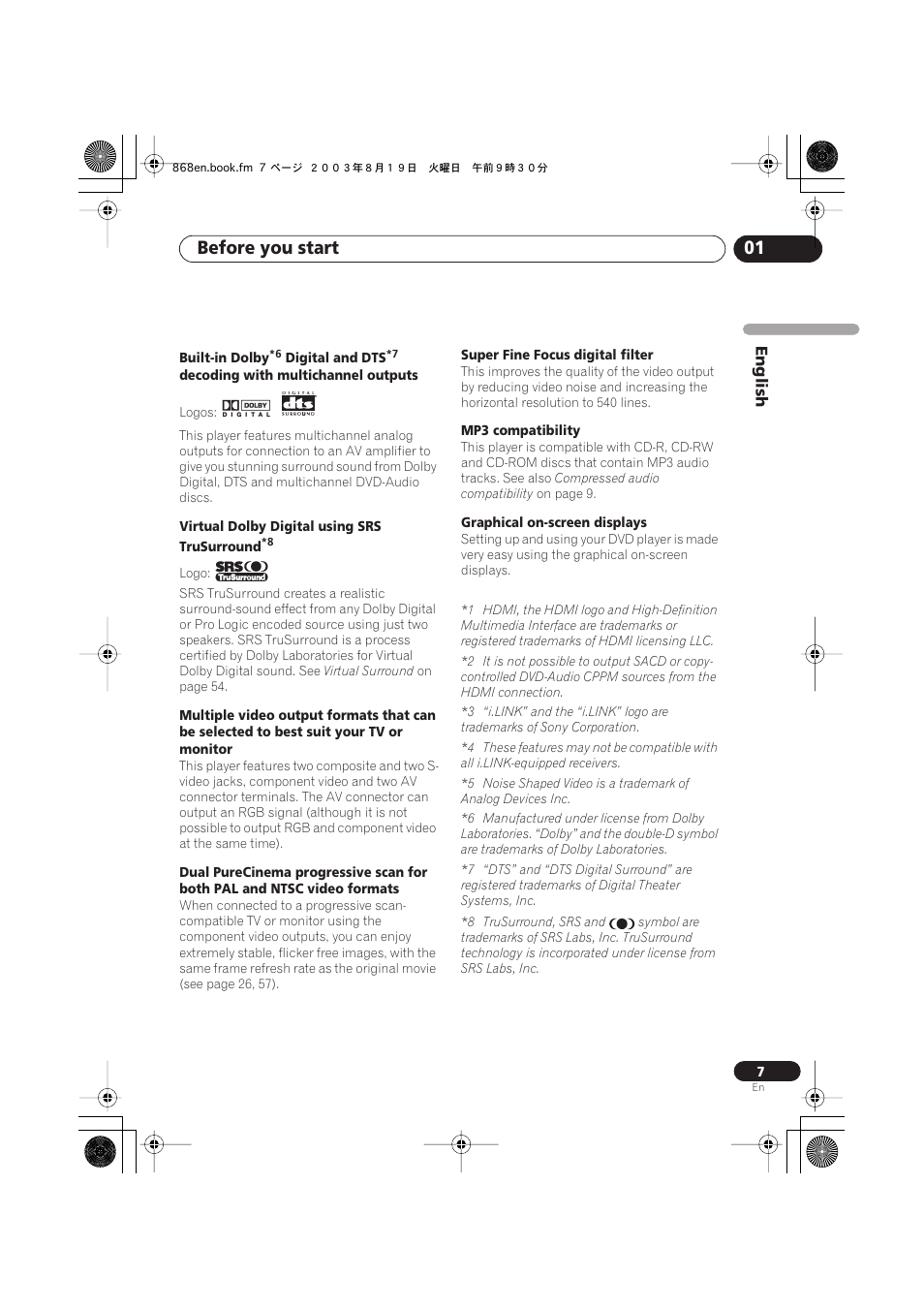 Before you start 01 | Pioneer DV-868AVi User Manual | Page 7 / 98