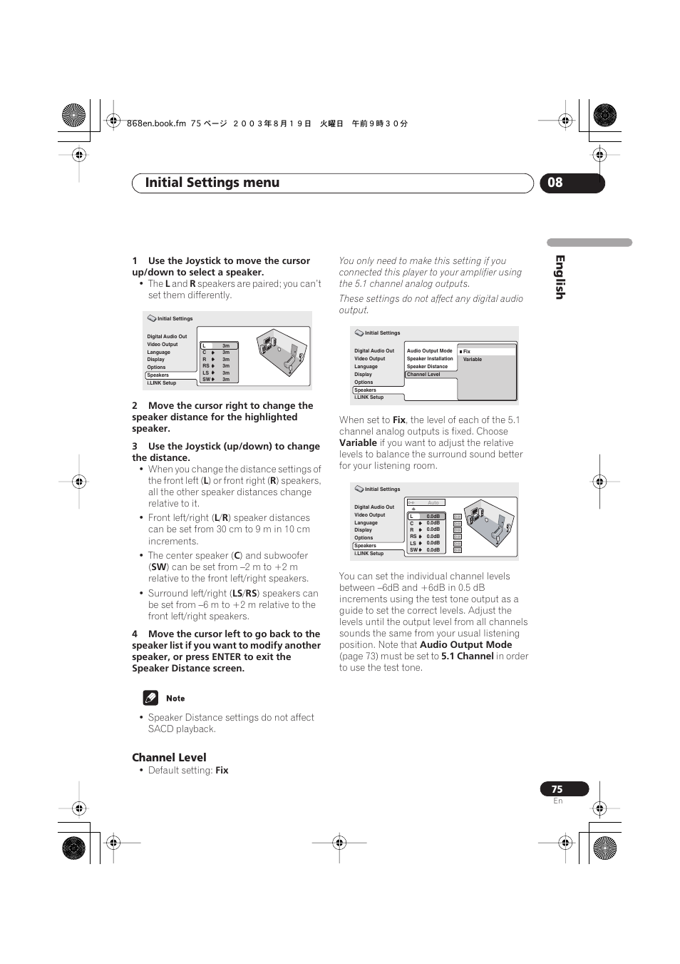 Channel level, Initial settings menu 08, English | Pioneer DV-868AVi User Manual | Page 75 / 98