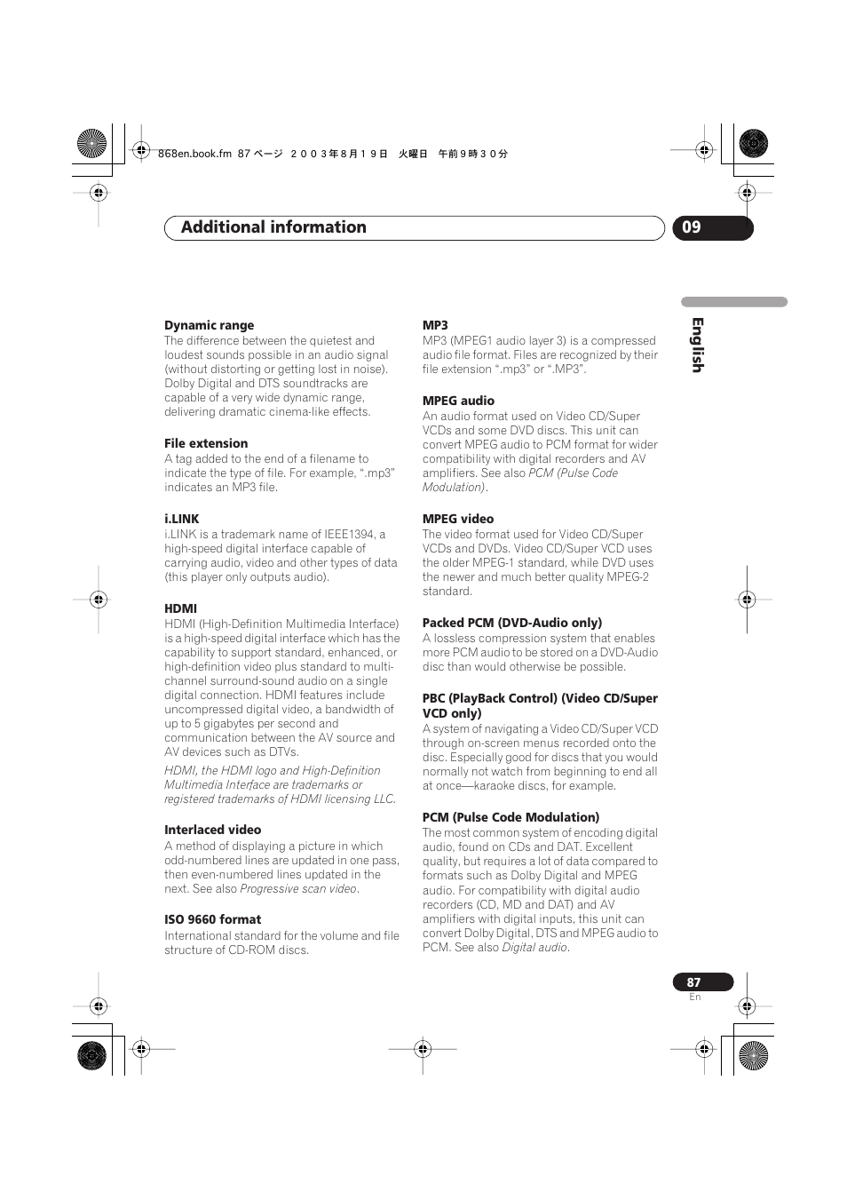 Additional information 09 | Pioneer DV-868AVi User Manual | Page 87 / 98