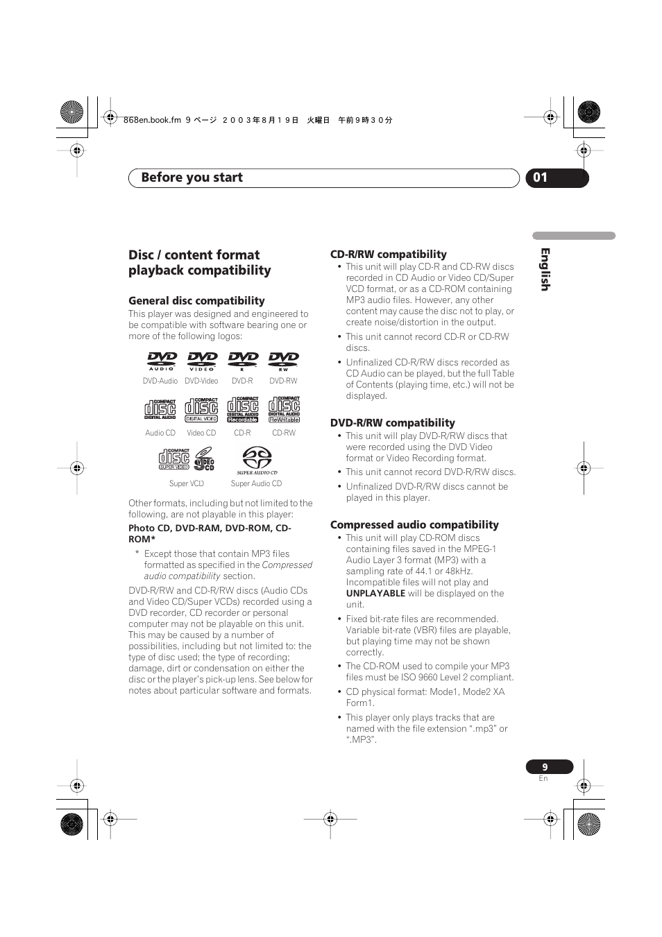 Disc / content format playback compatibility, General disc compatibility, Cd-r/rw compatibility | Dvd-r/rw compatibility, Compressed audio compatibility, Before you start 01 | Pioneer DV-868AVi User Manual | Page 9 / 98