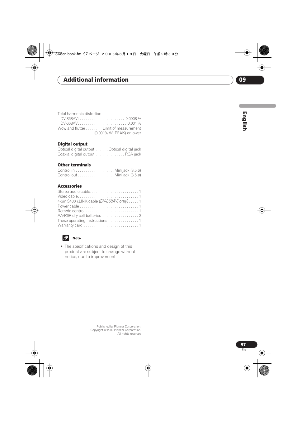 Additional information 09 | Pioneer DV-868AVi User Manual | Page 97 / 98