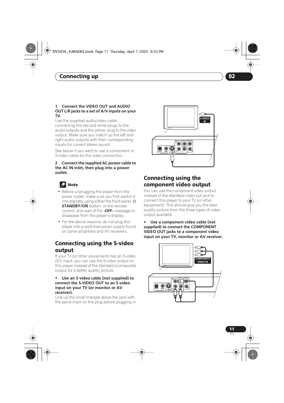 Connecting using the s-video output, Connecting using the component video output, Connecting up 02 | Pioneer DV-585K-s User Manual | Page 11 / 44